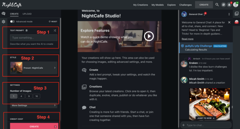 NightCafe text prompt dashboard view.