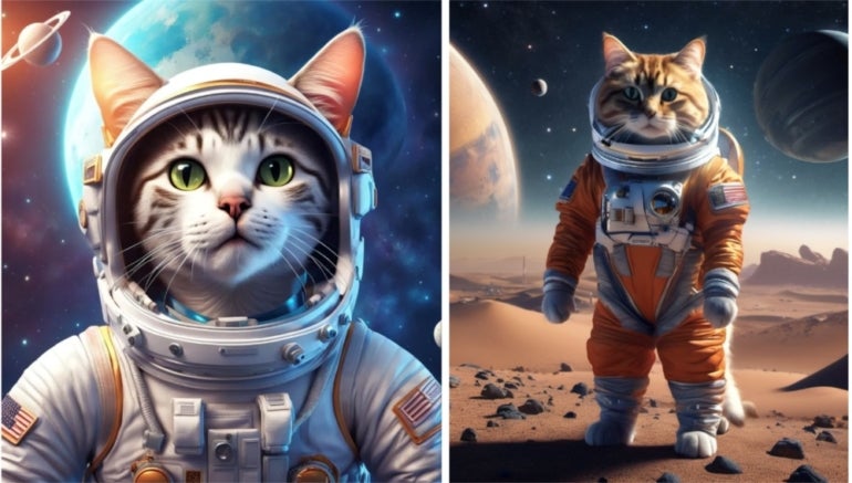 From left to right: NightCafe- and Img2Go-generated images of a cat in space.