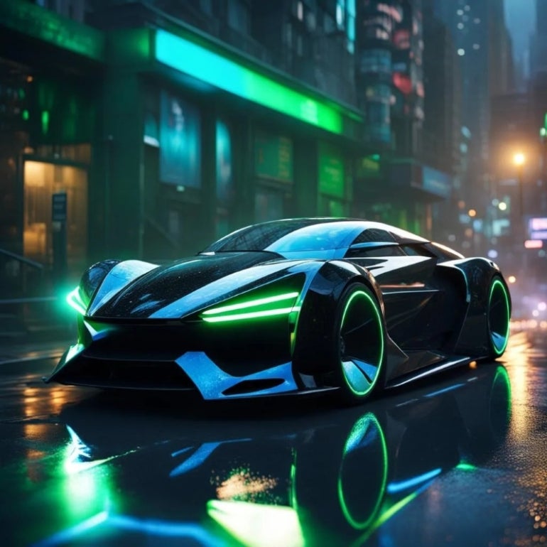 NightCafe-generated image of a black car with green headlights.