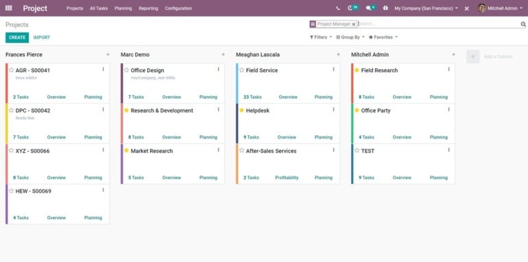 Odoo project management interface.