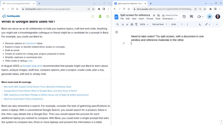 A split screen setup lets you work in one window while referencing content in another. 