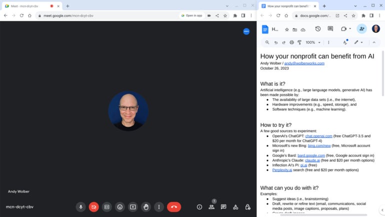 The partial window configuration makes one window larger than the other, as shown here with a Google Meet window (left) and a Google Docs window (right). 
