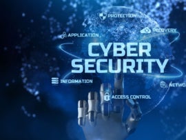 Cybersecurity inscription surrounded with related concepts with a robot hand and a virtual globe on the background.