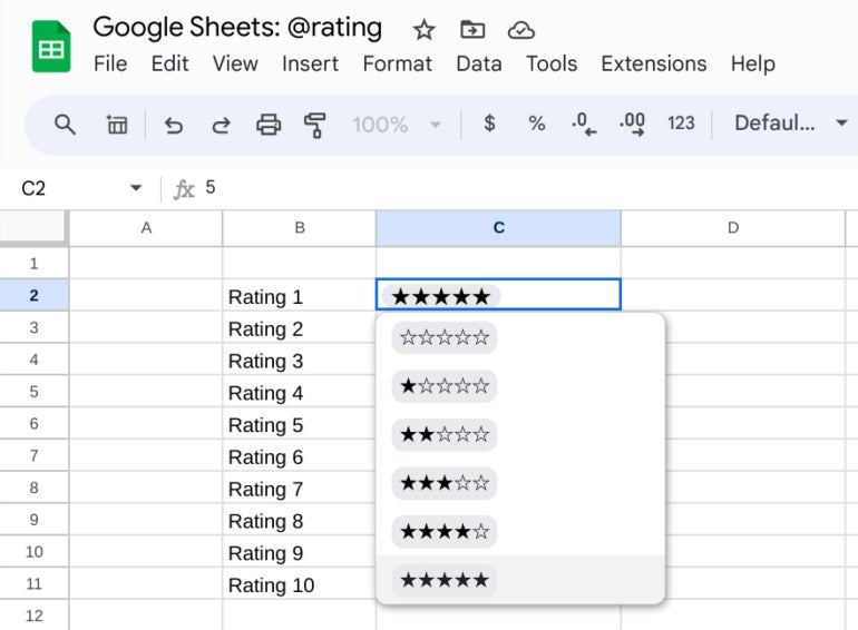 In Google Sheets on the web, select an @rating cell, then choose a star rating option.