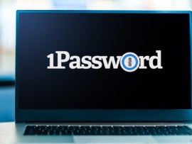 Laptop computer displaying logo of 1Password.