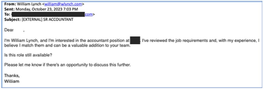Screenshot of a sample email sent by TA4557 to a recruiter.