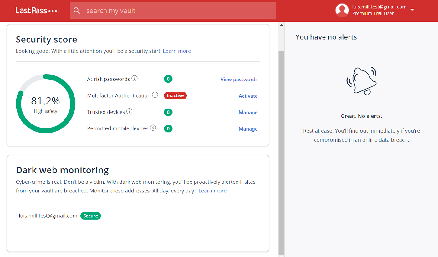 Security dashboard of LastPass.