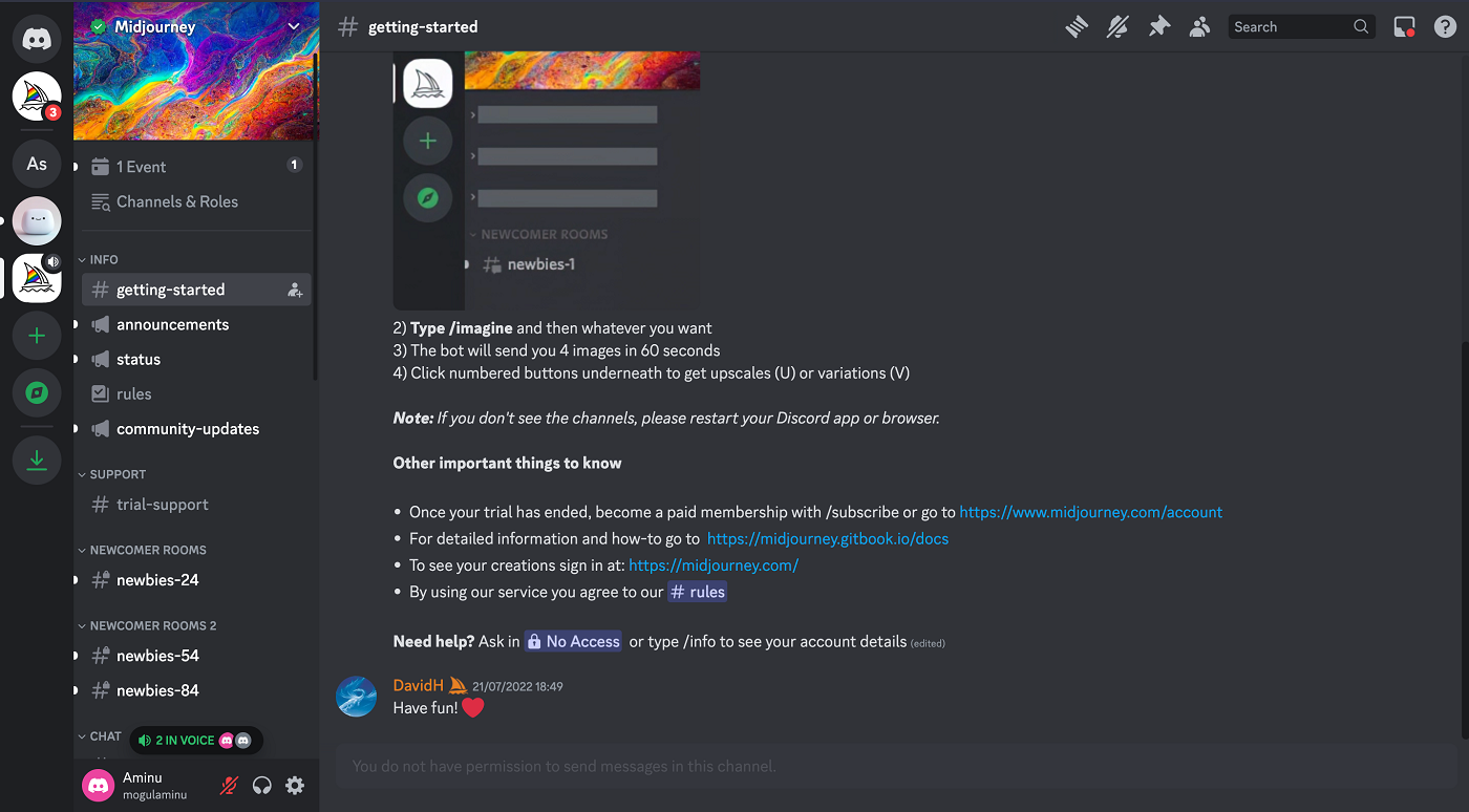 Screenshot of Midjourney’s getting started channel for new users on Discord.