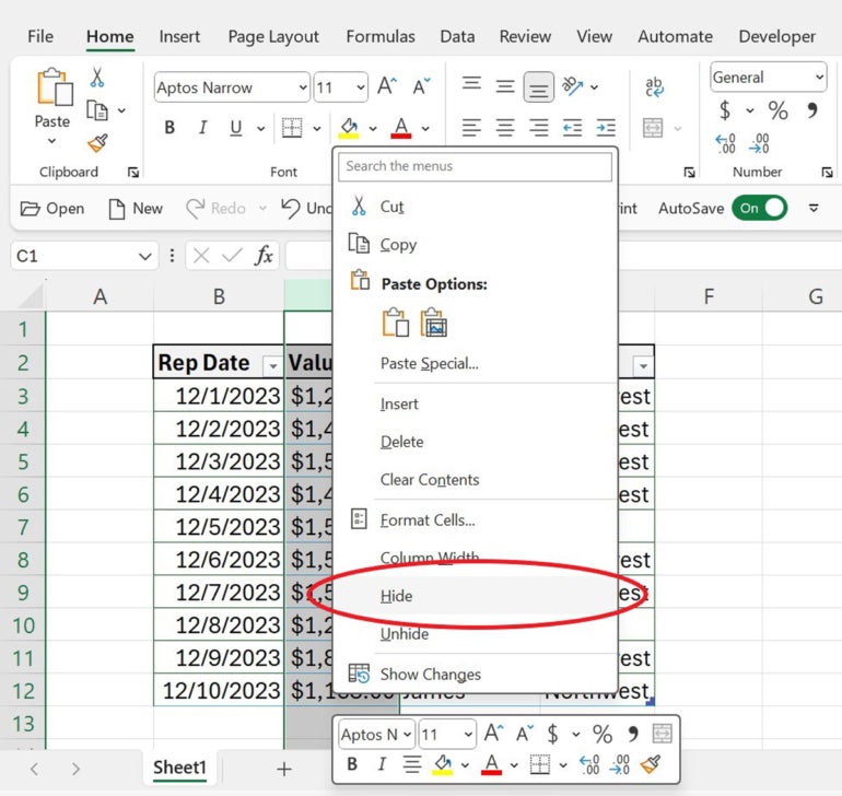 Choose Hide from the right-click dropdown in Excel.